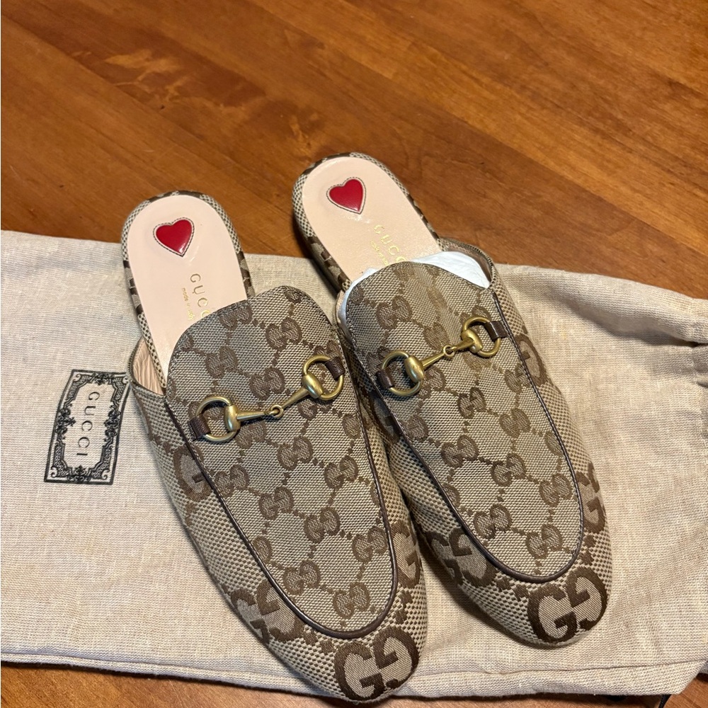Gucci Women's Beige GG Canvas Mules with Gold Accents